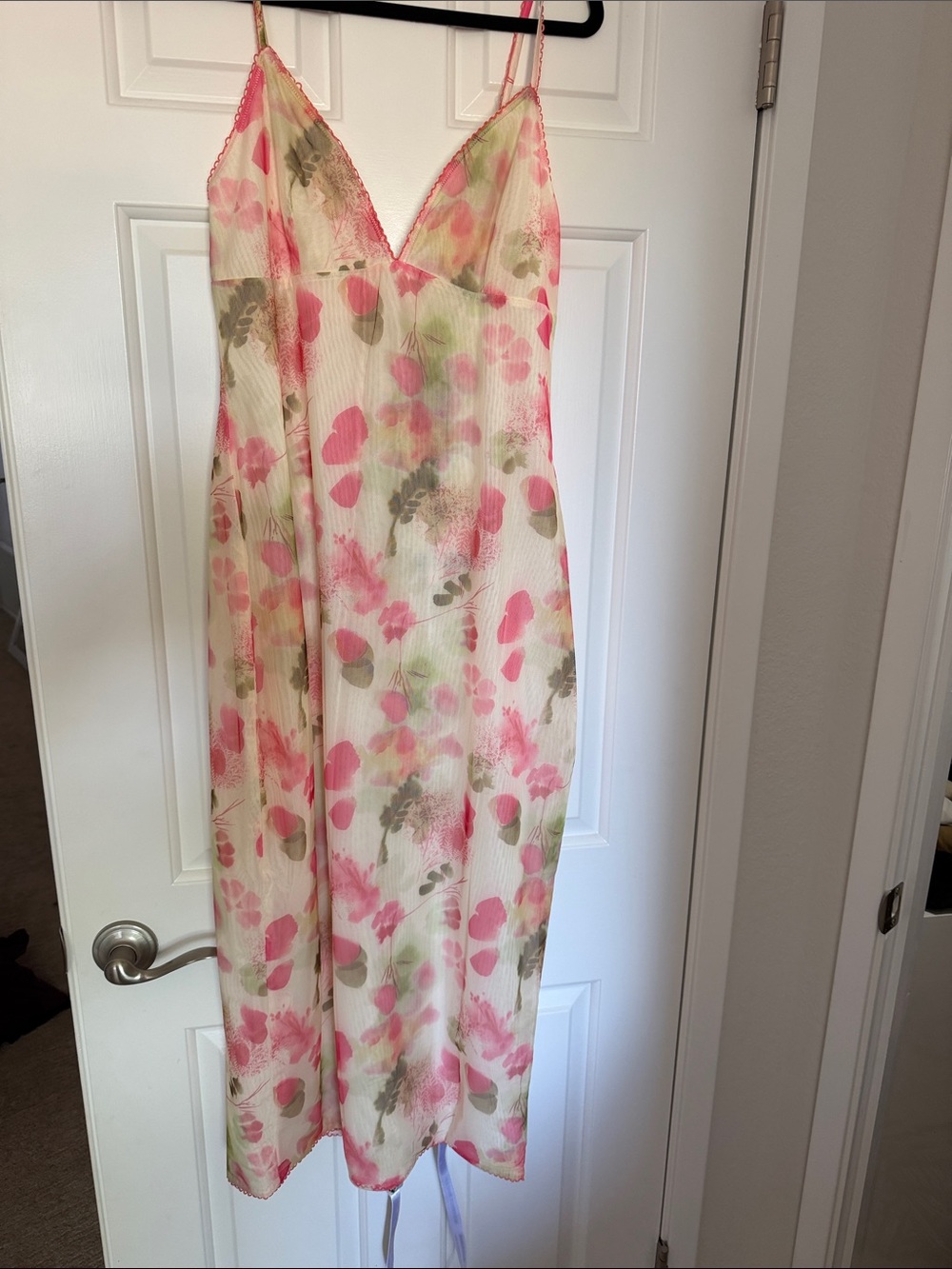 Pink Floral Slip Midi Dress with Green Accents